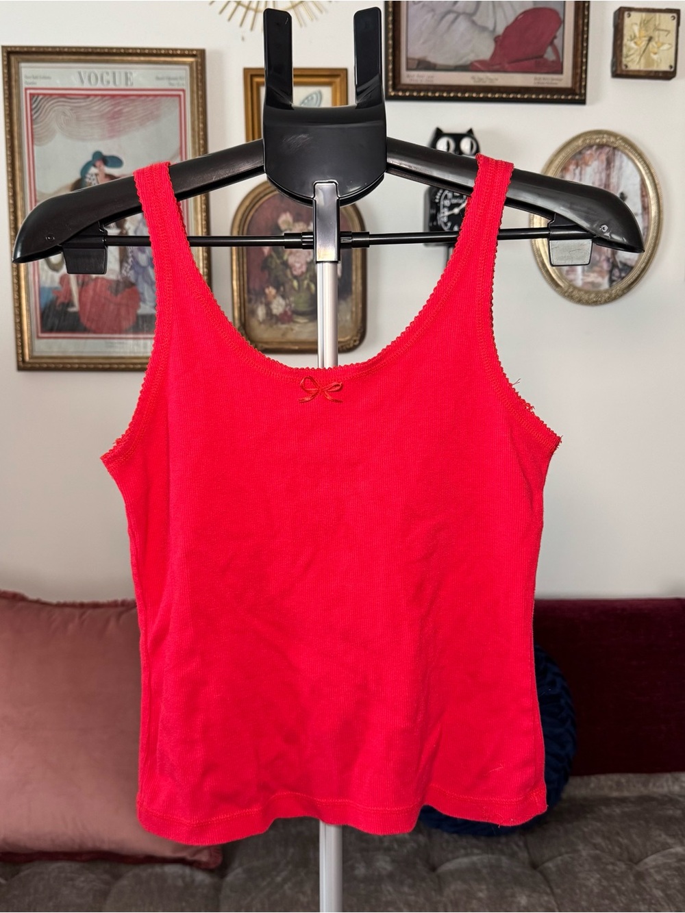 Red Ribbed Tank Top with Bow Detail - Women